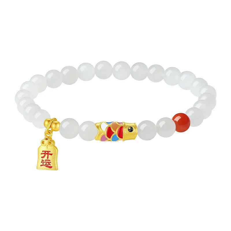 S925 sterling silver bracelet with a 6mm Hetian jade bead and a detailed cold enamel koi fish charm.