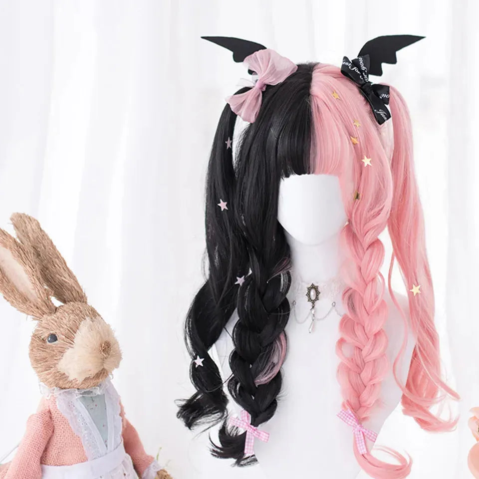 Long curly black and pink synthetic Lolita wig with bangs, styled for Harajuku cosplay.