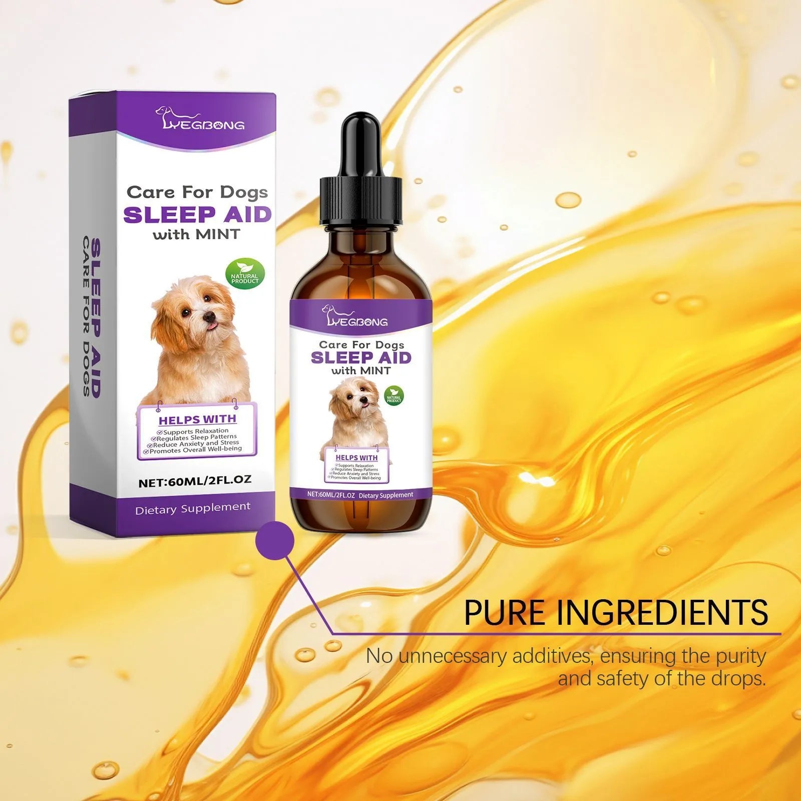 60ml bottle of dog sleep drops with mint extract for canine sleep support
