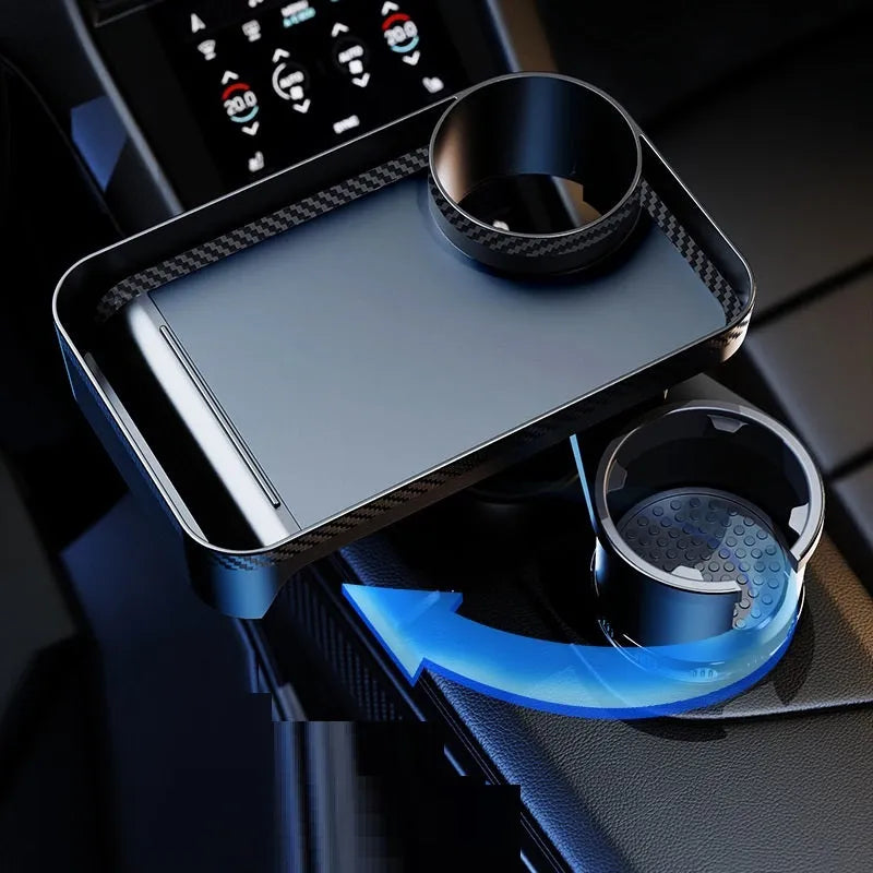 Black ABS plastic car-mounted dinner tray holder rotating in a vehicle cup holder.