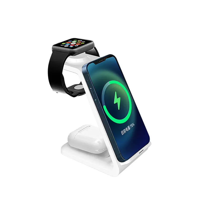 White 3-in-1 upright mobile phone holder and wireless charger with USB port on a desk.