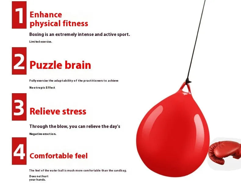 Red PVC water-filled boxing reaction ball with black hook rope sling for speed training.