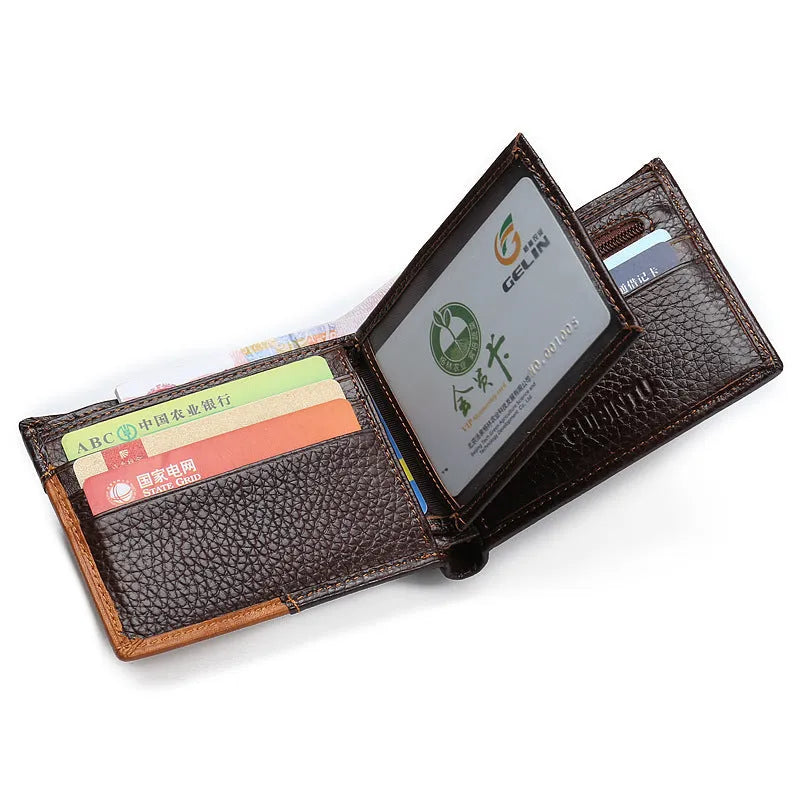 Men's brown leather wallet with contrast stitching, open to show card slots, bill compartment, and zipper section.