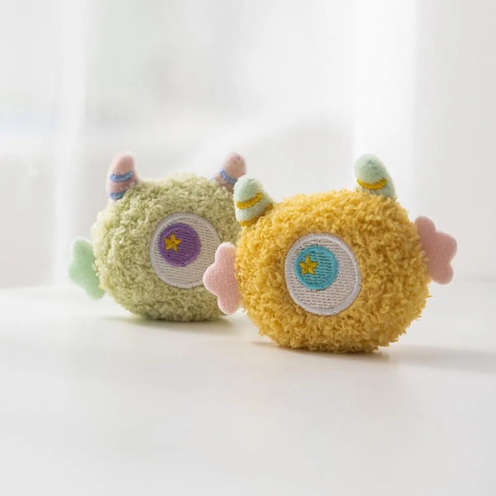 Cartoon-shaped plush dog chew toy with large eyes and squeaky sound feature