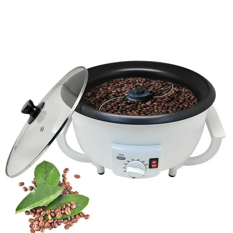White oblate home coffee roasting machine with 750g capacity and 225mm base