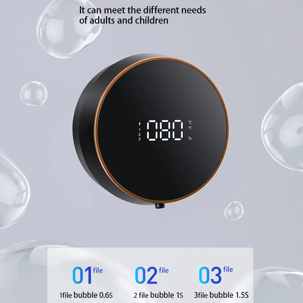 Black automatic touchless foam soap dispenser with USB charging port mounted on bathroom wall