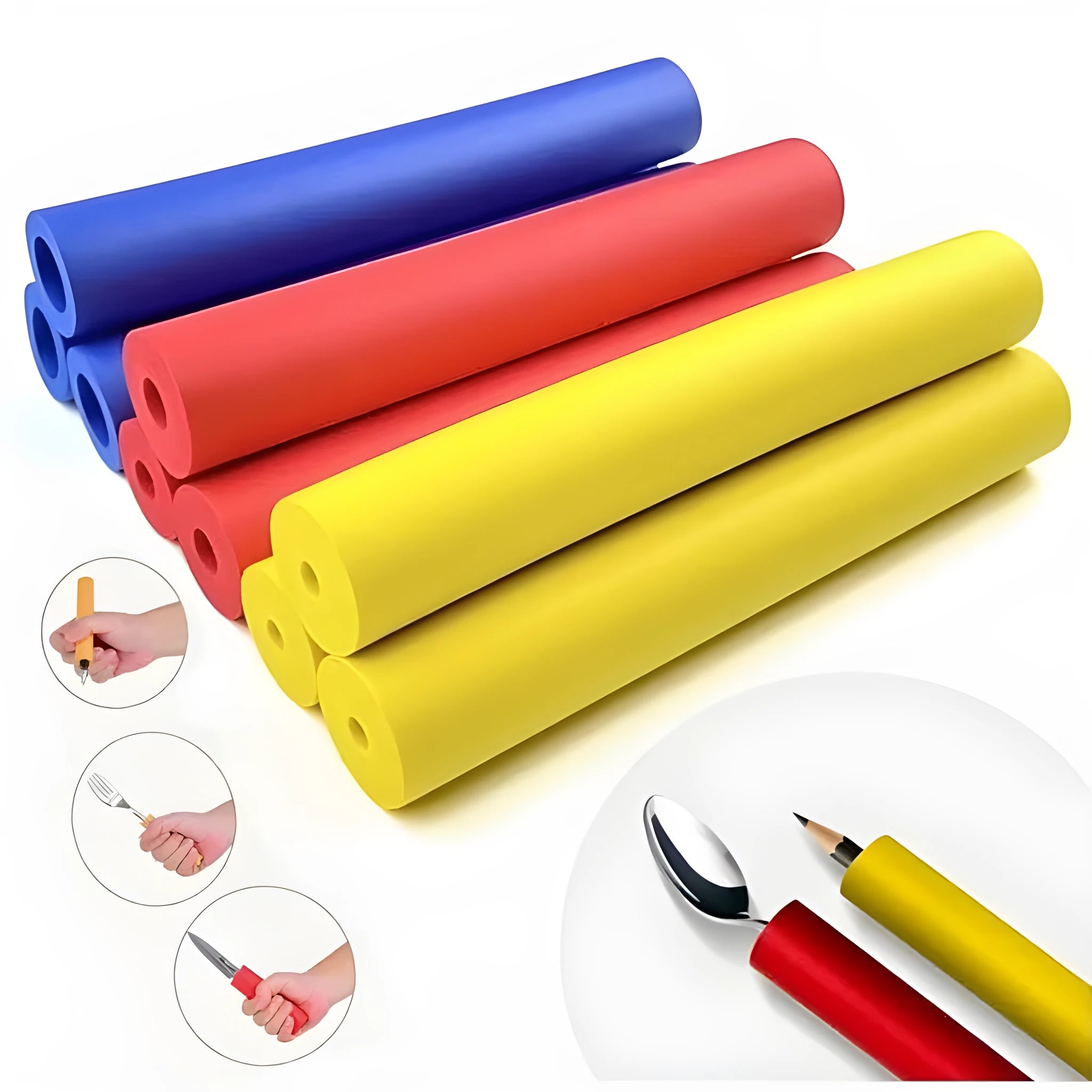Set of black rubber grip hoses for organising tableware and pen handles in a drawer.