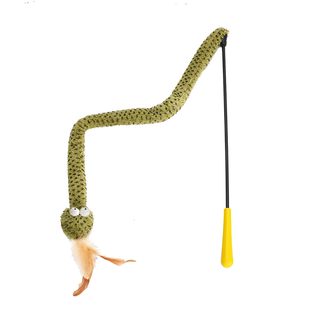 Snake cat design teasing stick toy with long pole and colourful feather attachments for cat play