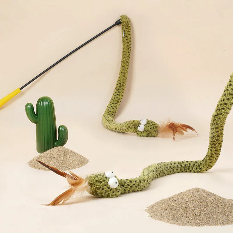 Snake cat design teasing stick toy with long pole and colourful feather attachments for cat play