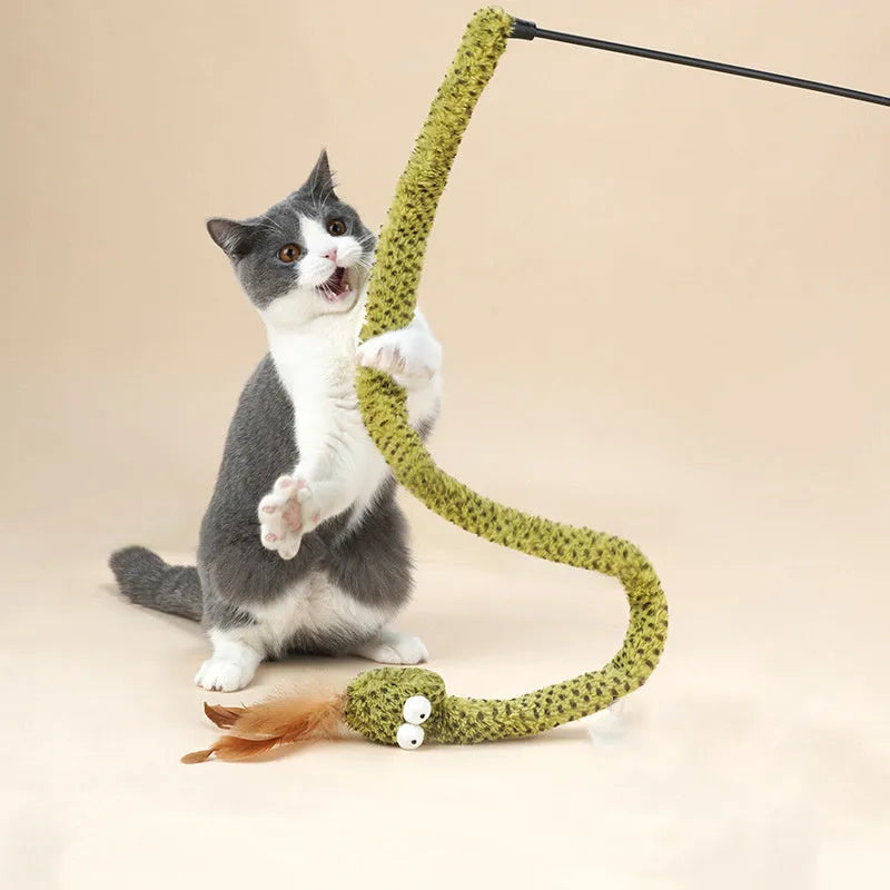 Snake cat design teasing stick toy with long pole and colourful feather attachments for cat play