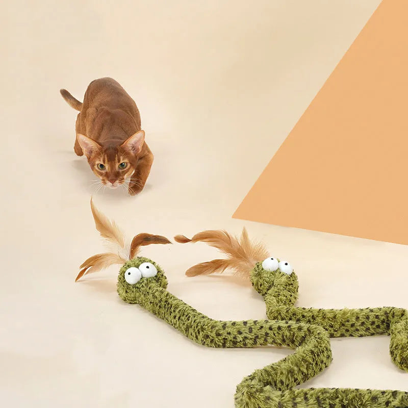 Snake cat design teasing stick toy with long pole and colourful feather attachments for cat play