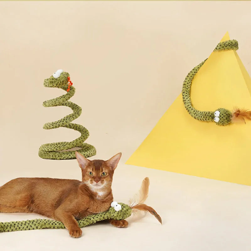 Snake cat design teasing stick toy with long pole and colourful feather attachments for cat play