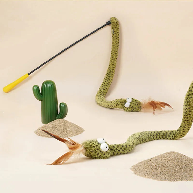 Snake cat design teasing stick toy with long pole and colourful feather attachments for cat play