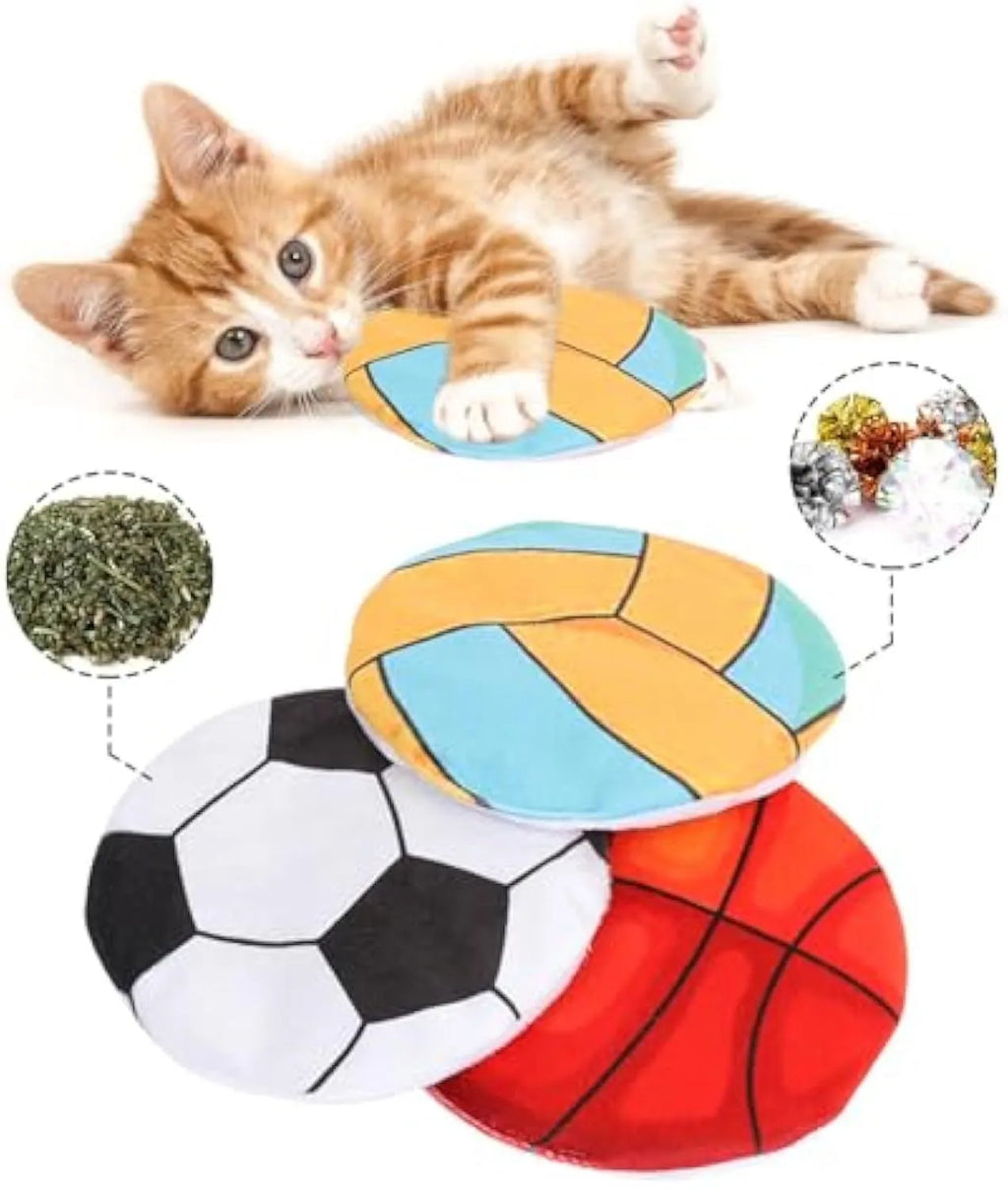 Plush cat flying disc toy with basketball pattern containing catnip and crinkle materials