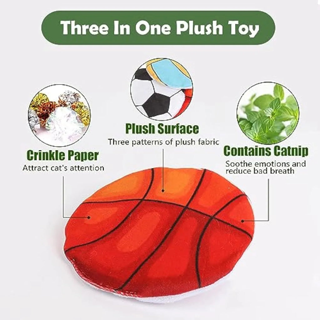 Plush cat flying disc toy with basketball pattern containing catnip and crinkle materials