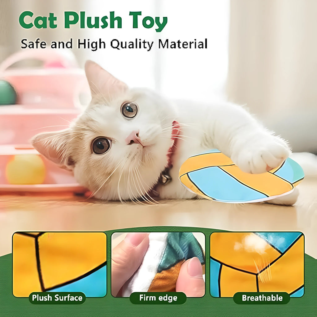 Plush cat flying disc toy with basketball pattern containing catnip and crinkle materials