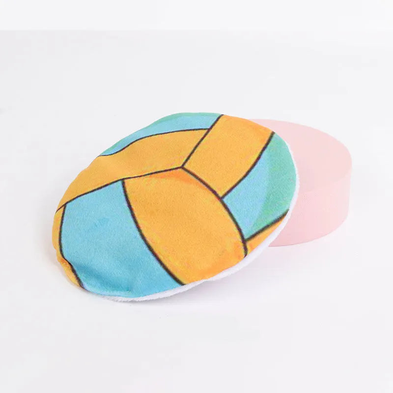 Plush cat flying disc toy with basketball pattern containing catnip and crinkle materials