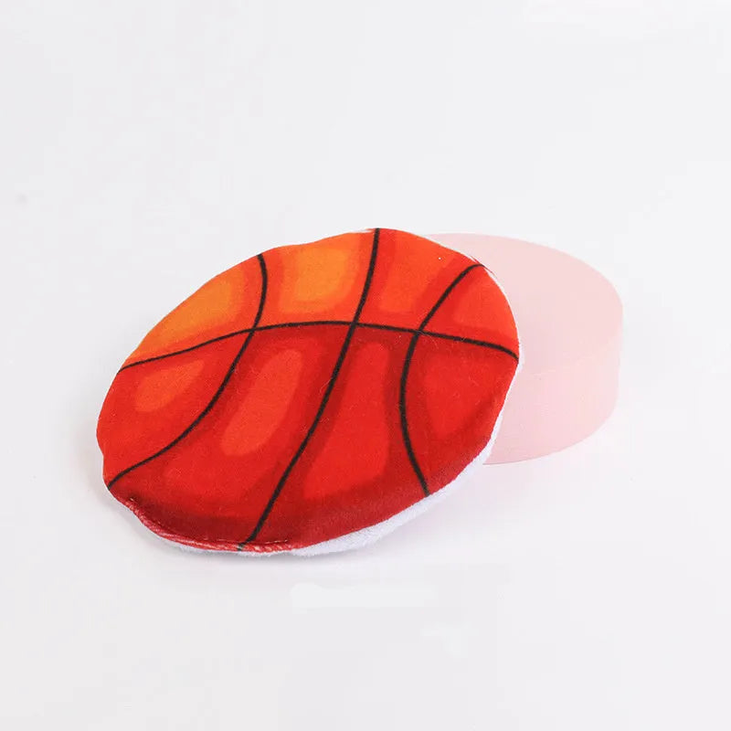 Plush cat flying disc toy with basketball pattern containing catnip and crinkle materials