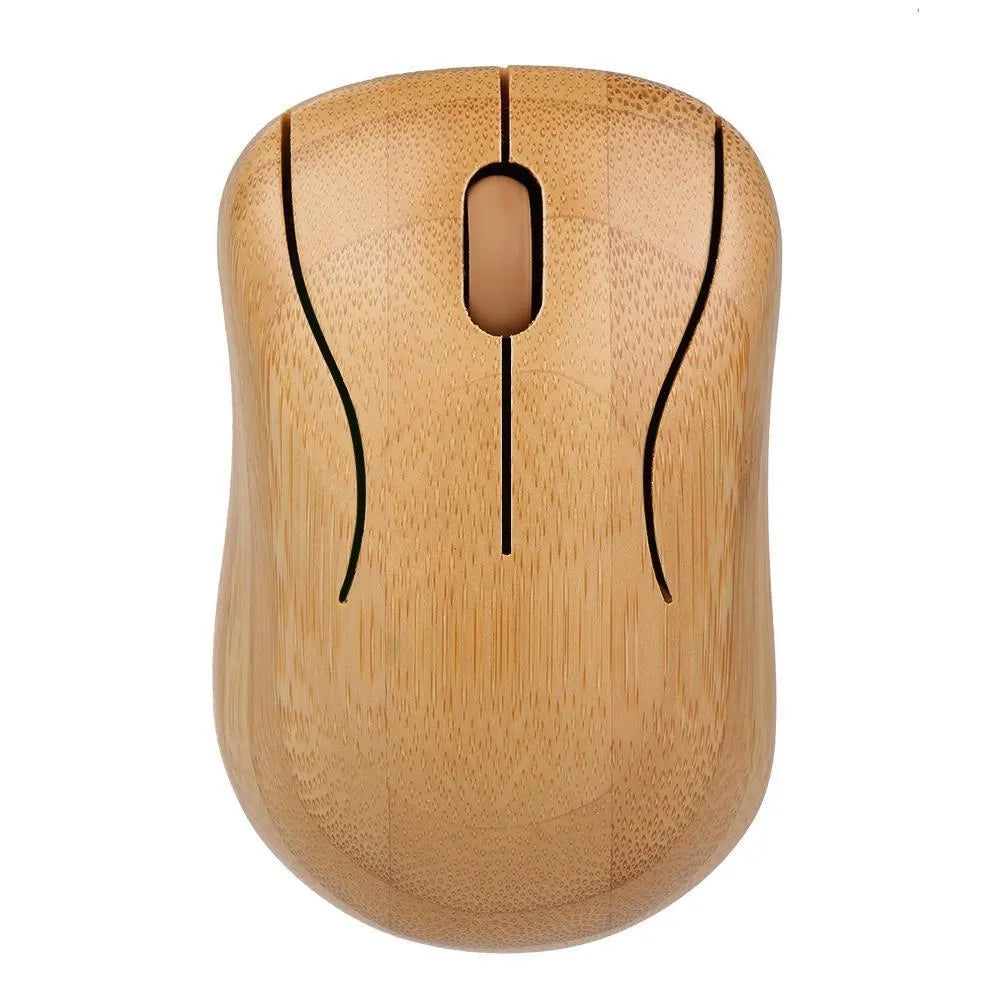 Bamboo wireless keyboard and mouse set with natural wooden finish on a desk
