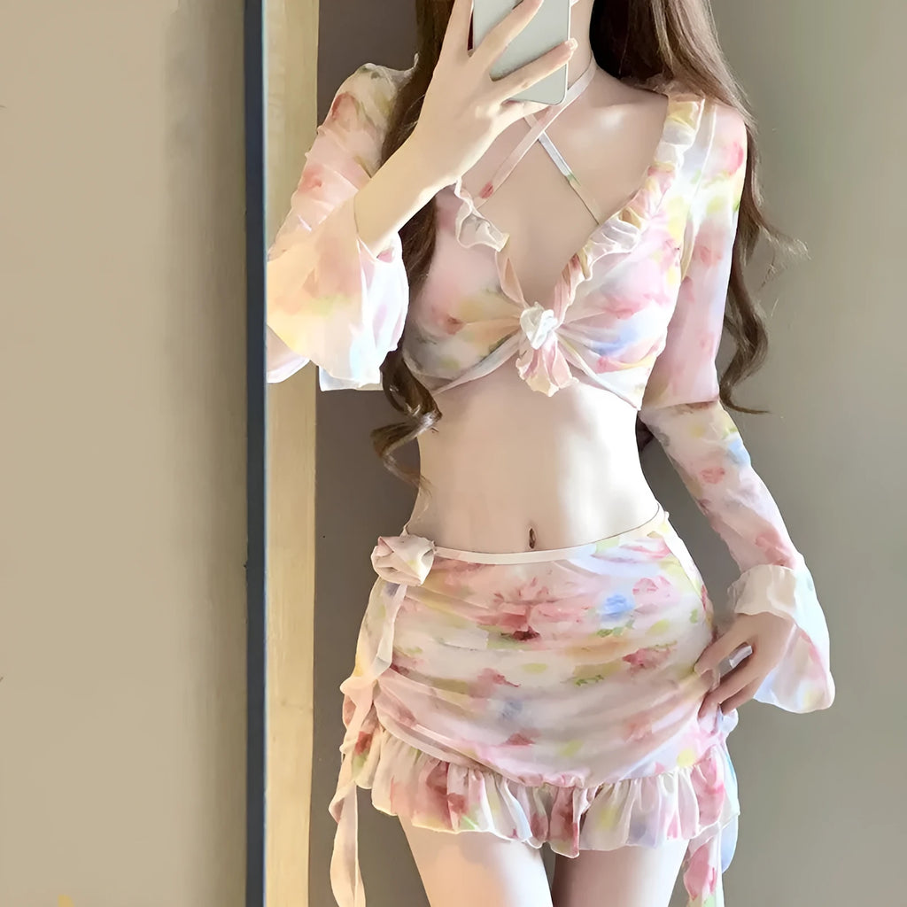 Women's floral bikini set in cherry blossom pink colour with polyester fabric
