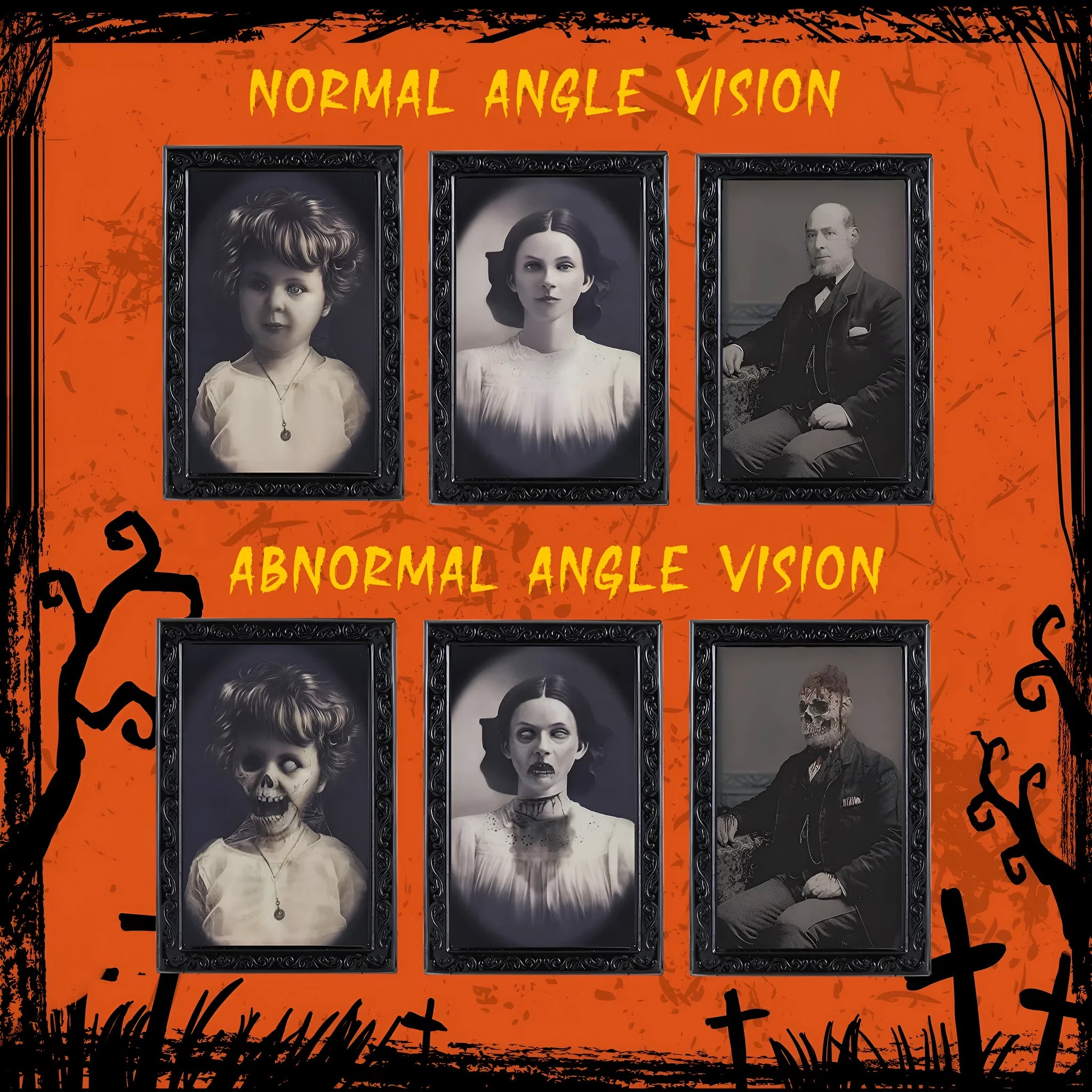 Halloween portrait frame with 3D changing face showing normal and horror ghost images