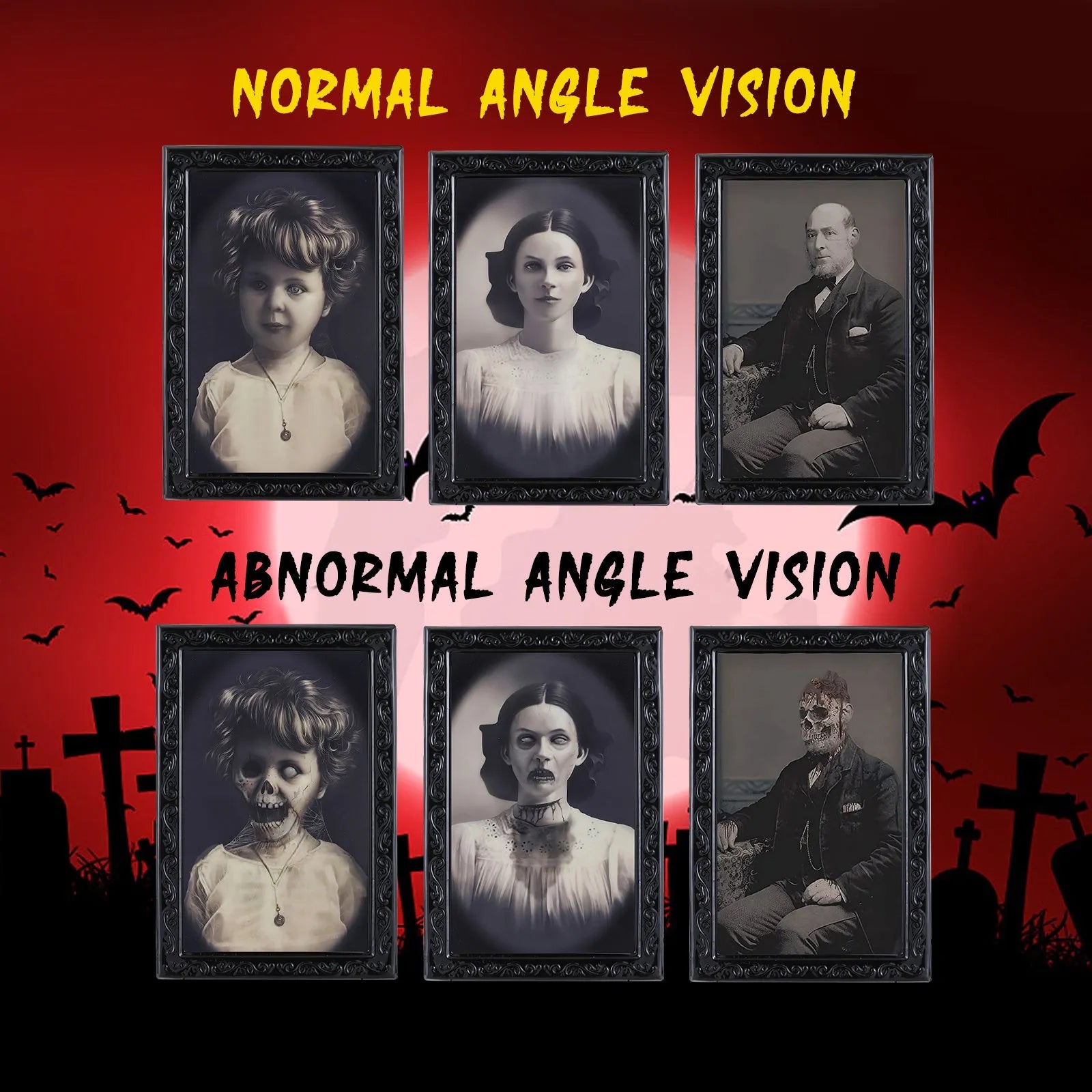 Halloween portrait frame with 3D changing face showing normal and horror ghost images
