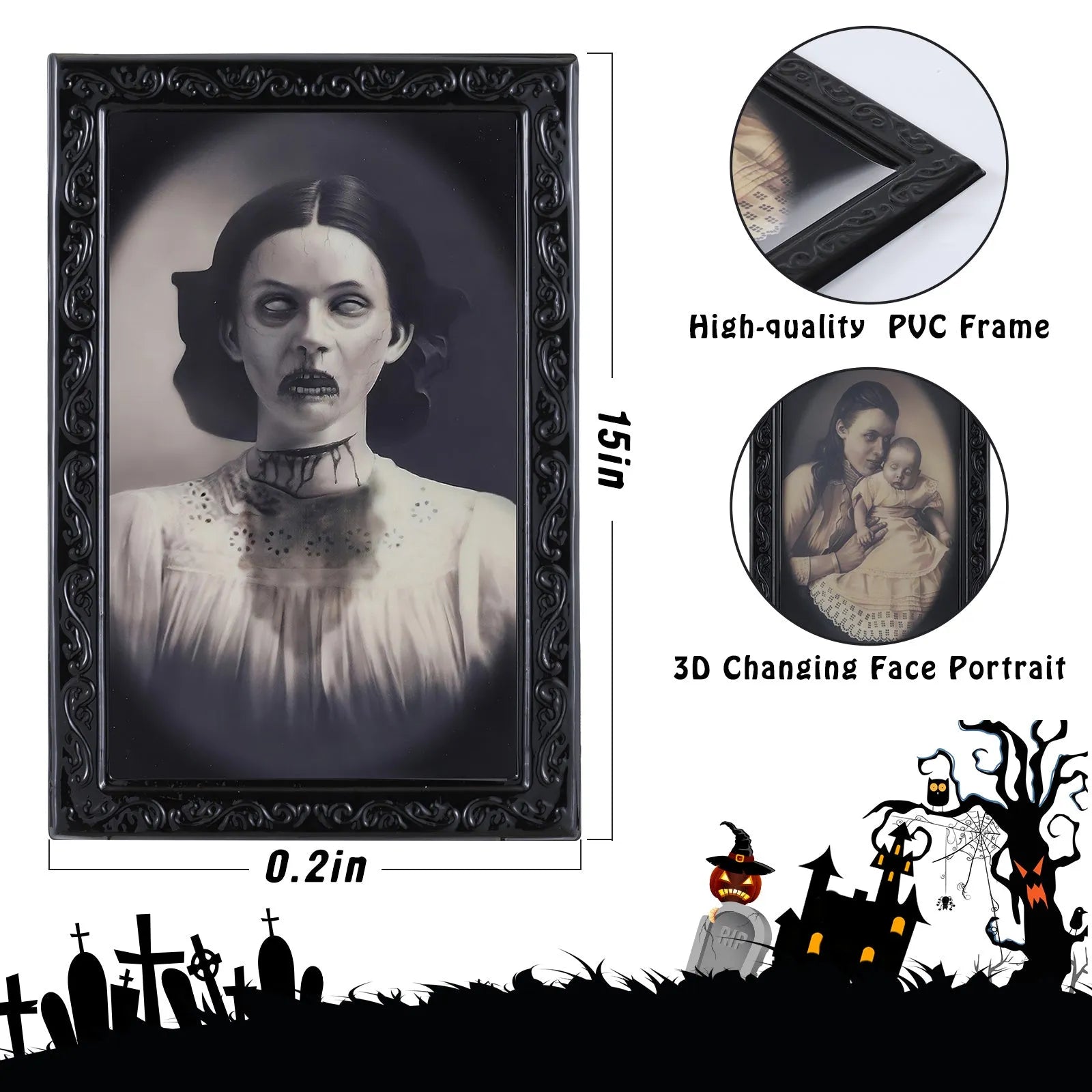 Halloween portrait frame with 3D changing face showing normal and horror ghost images