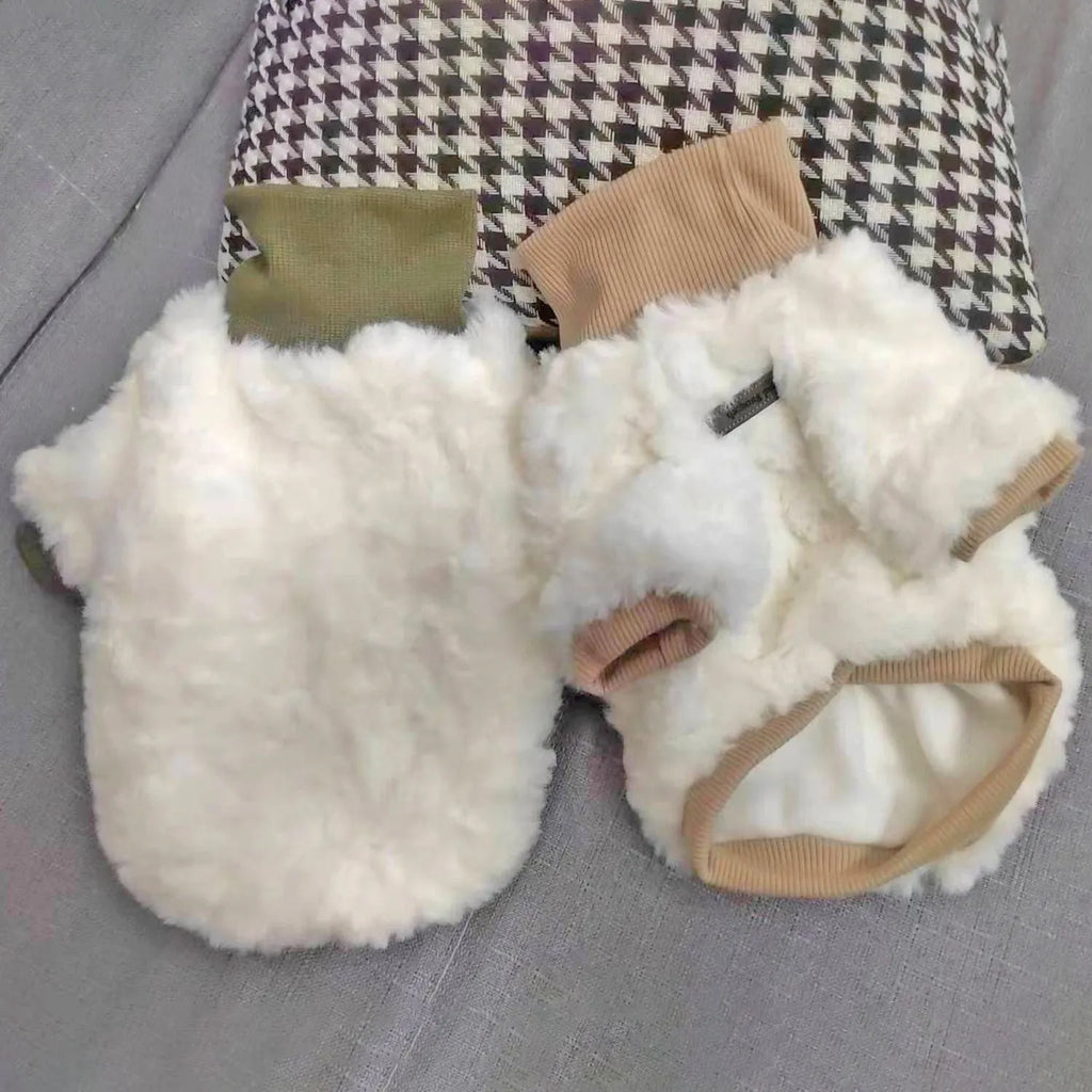 Creamy green turtleneck plush dog coat on small breed with detailed sizing chart showing chest and back measurements.