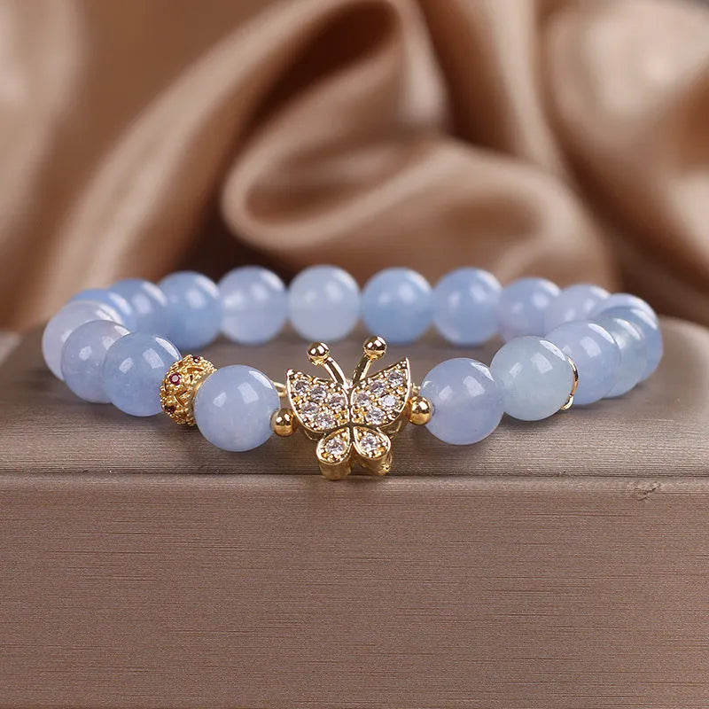 Sky blue aquamarine butterfly crystal bracelet for women with rhinestones and pearls on 17cm electroplated chain