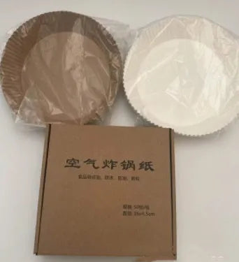 Round disposable paper liners for air fryers with 4.5cm high edges in white parchment colour