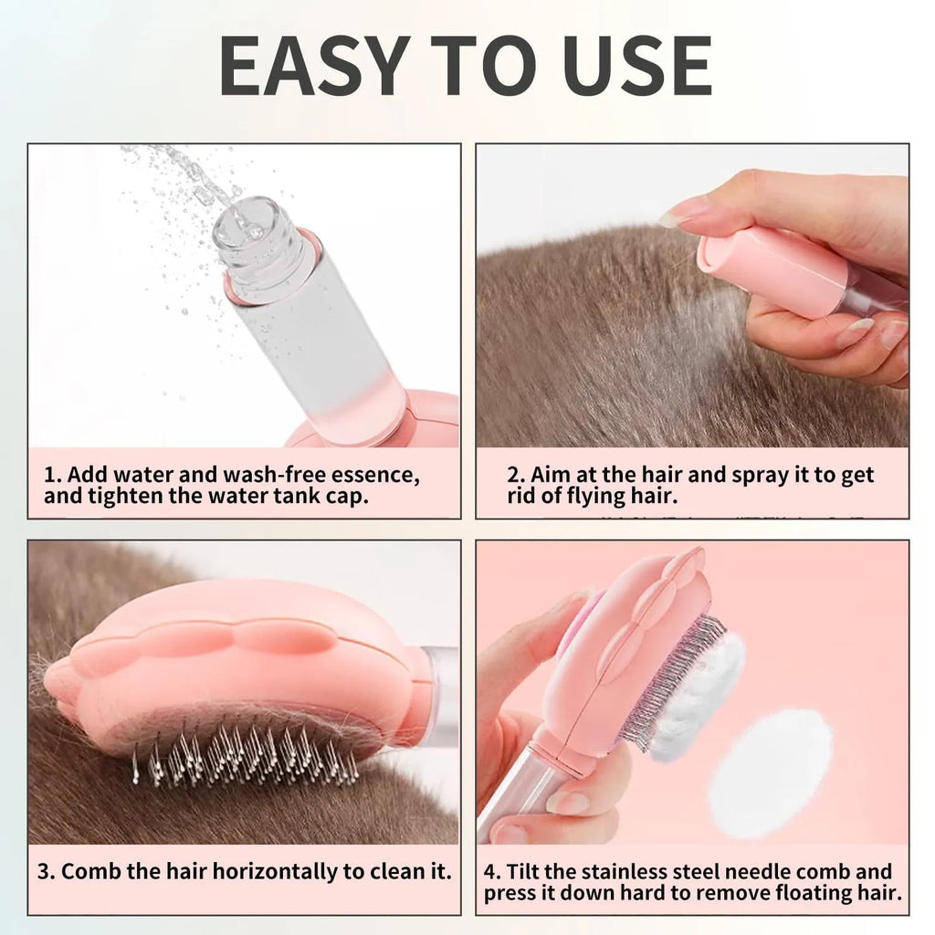 Spray cat brush with release button in grey, green or pink colours for pet grooming