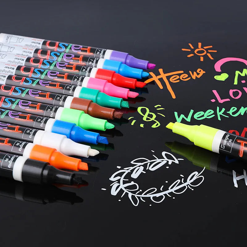Electronic fluorescent plate highlighter with plastic shell and 6mm oblique tip, shown with 8 colour refills.