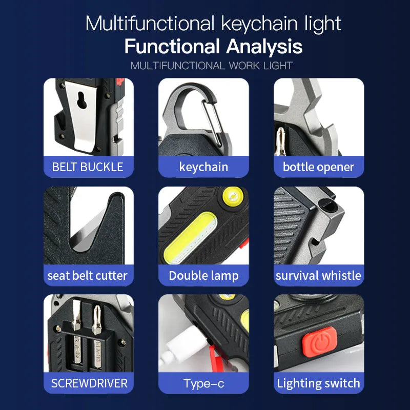 Multifunctional charging emergency light with COB high brightness, mountaineering buckle, and bottle opener on a keychain
