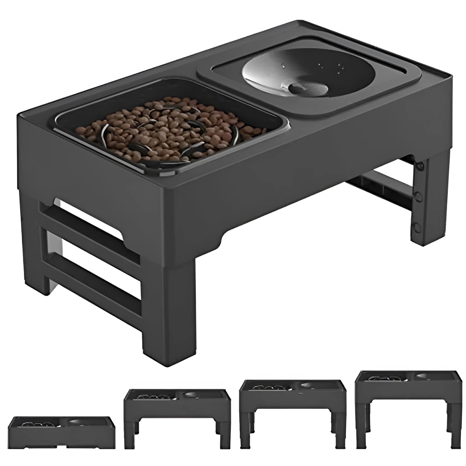 Adjustable raised dog bowl stand with slow feeder and water bowl in black.