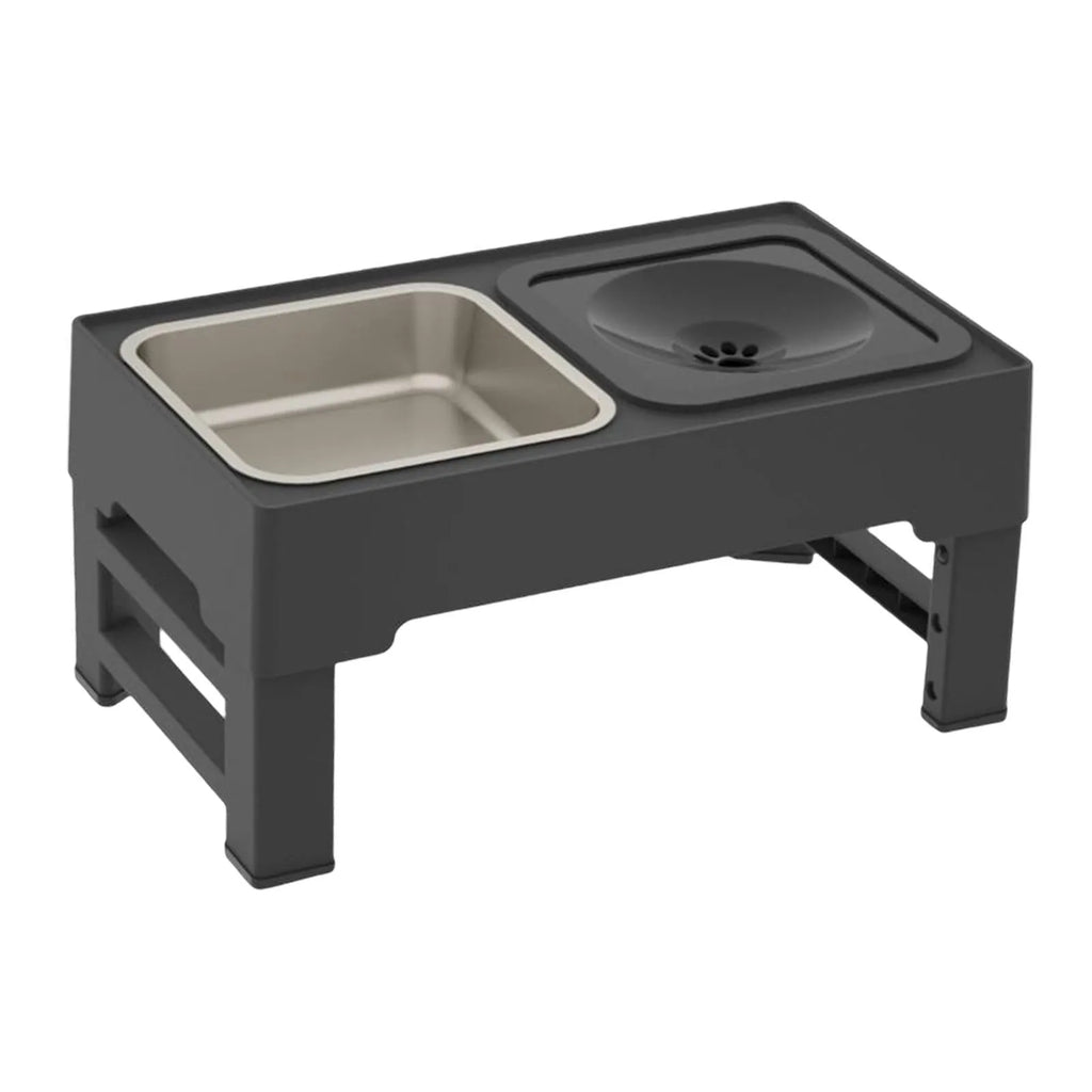 Adjustable raised dog bowl stand with slow feeder and water bowl in black.