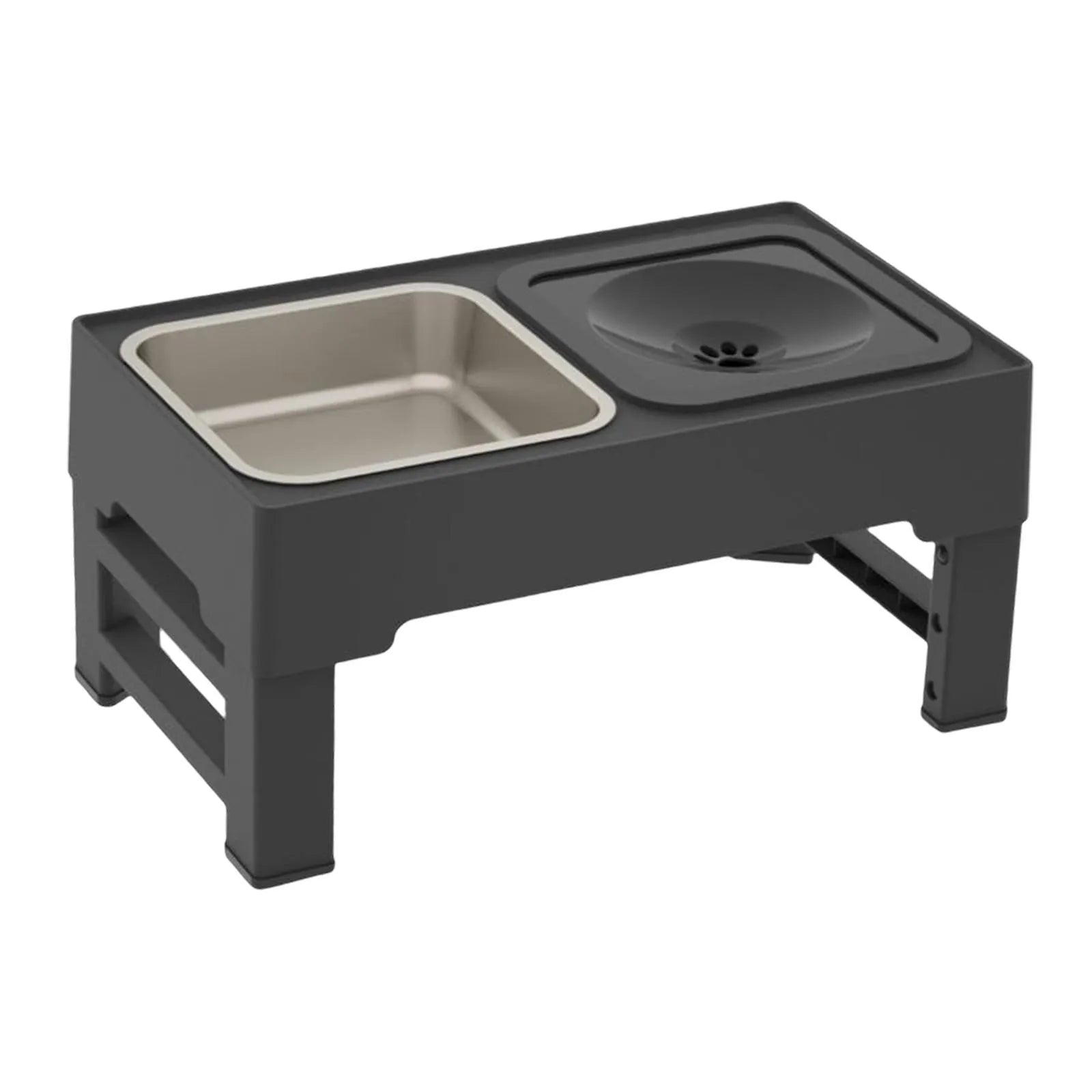 Adjustable raised dog bowl stand with slow feeder and water bowl in black.