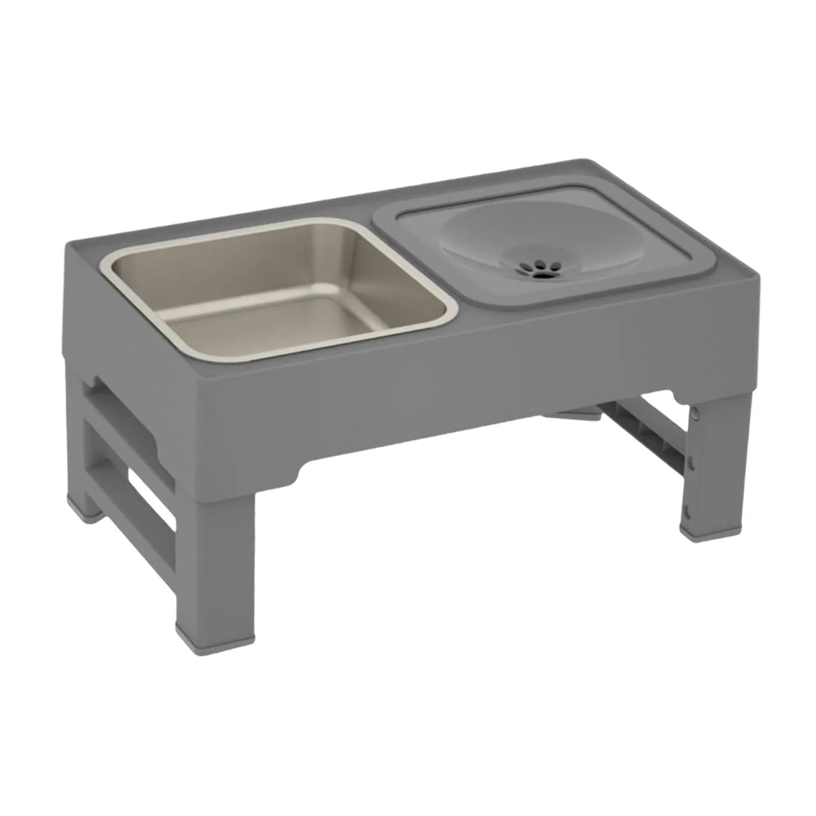 Adjustable raised dog bowl stand with slow feeder and water bowl in black.