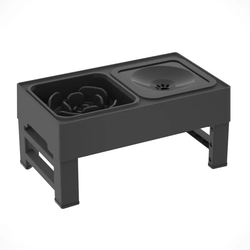 Adjustable raised dog bowl stand with slow feeder and water bowl in black.