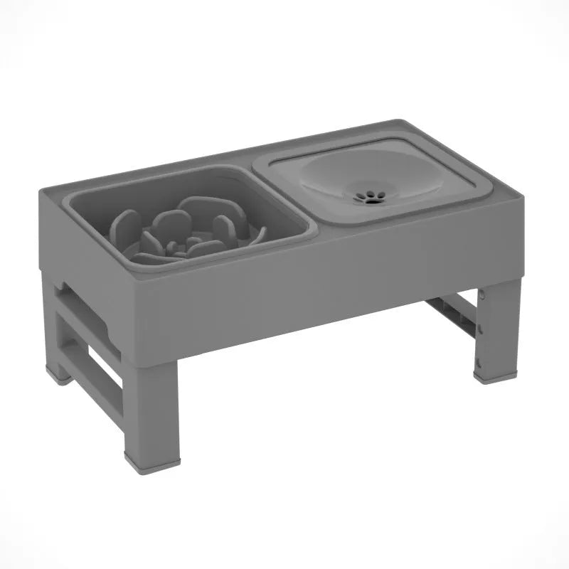Adjustable raised dog bowl stand with slow feeder and water bowl in black.