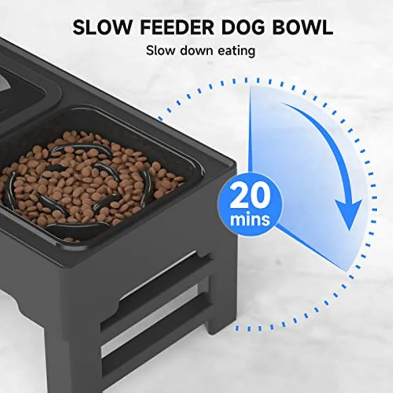 Adjustable raised dog bowl stand with slow feeder and water bowl in black.