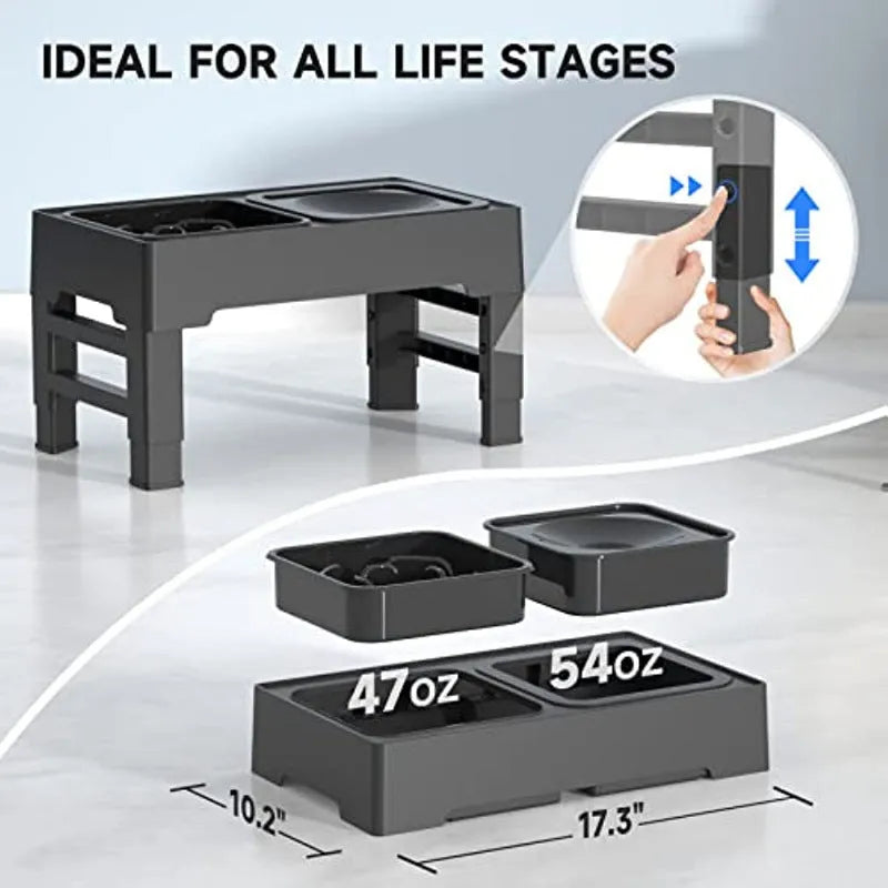 Adjustable raised dog bowl stand with slow feeder and water bowl in black.