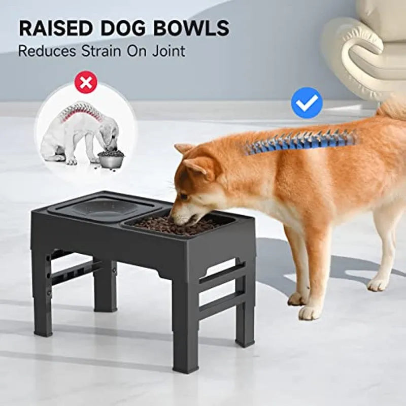 Adjustable raised dog bowl stand with slow feeder and water bowl in black.