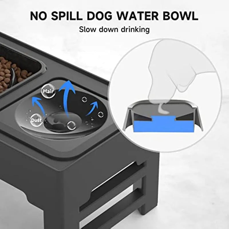 Adjustable raised dog bowl stand with slow feeder and water bowl in black.