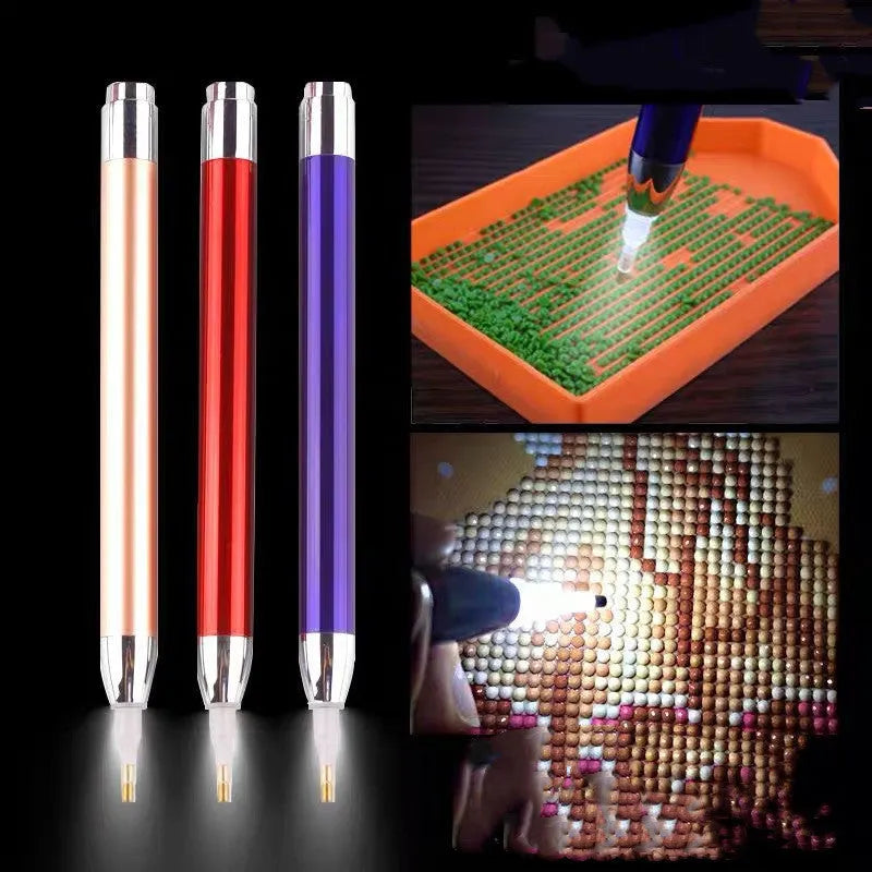 Aluminium alloy luminous diamond painting drill pen with metal frame in blue, gold, and red colour options