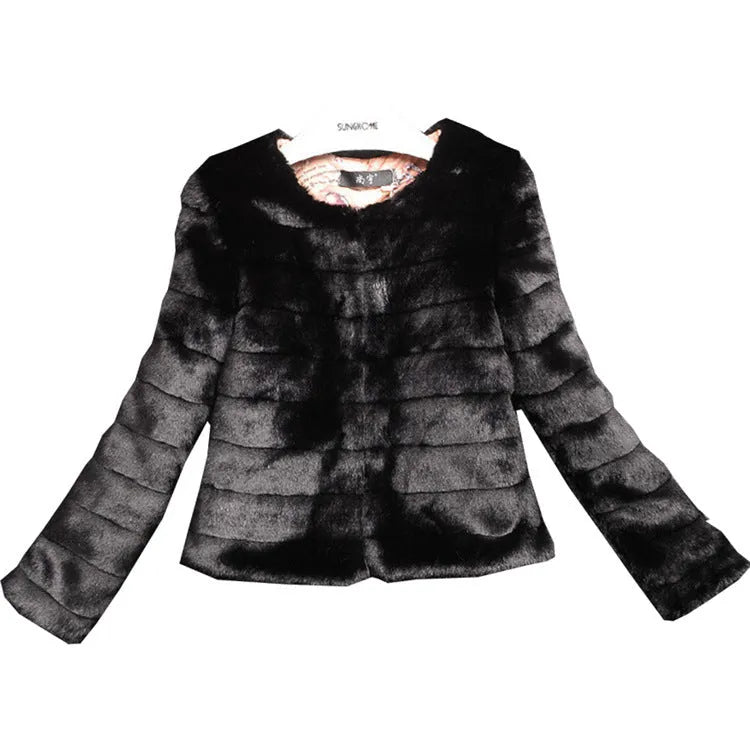 Women's short sleeve faux fur top in rabbit fur look, available in beige, black, and white.