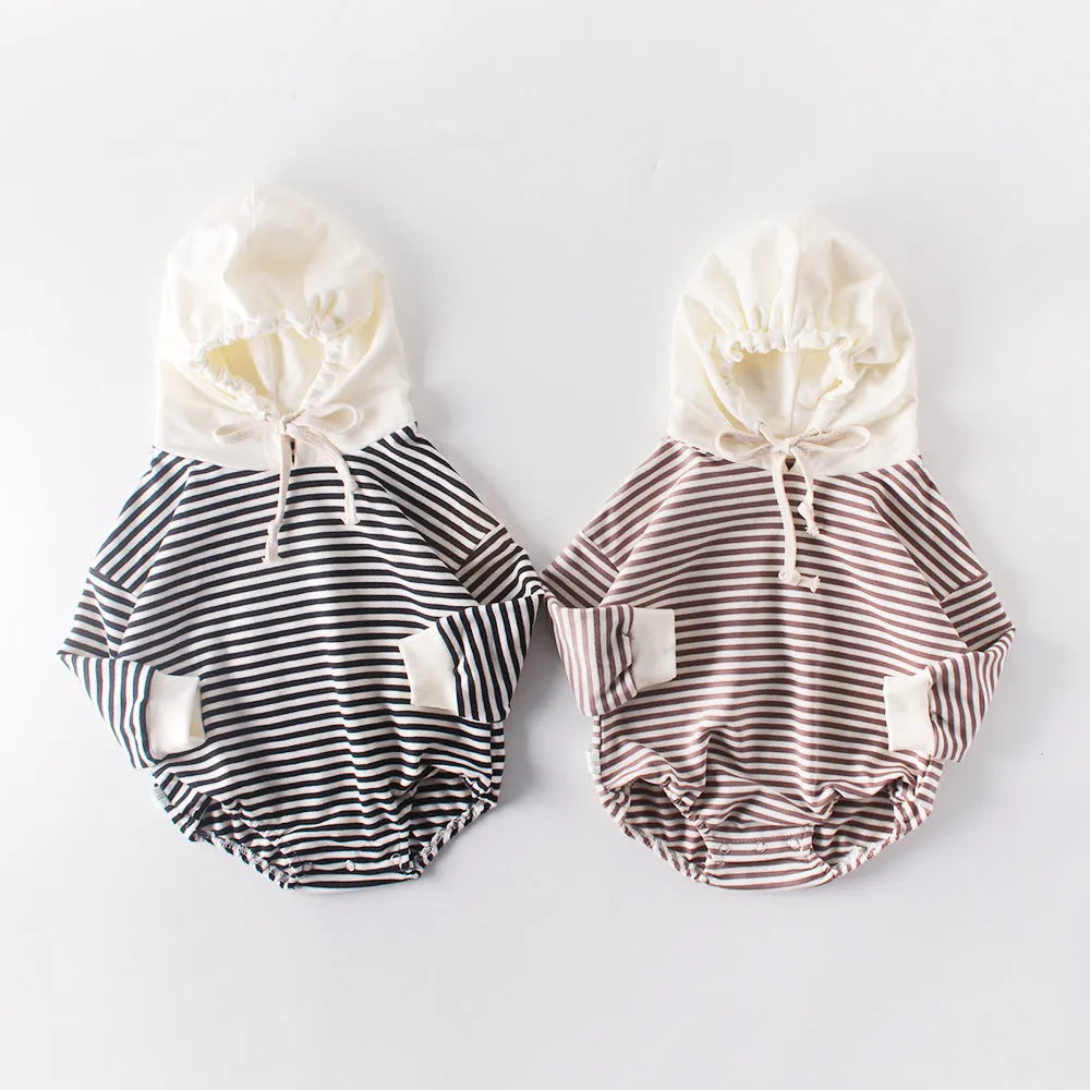 Baby striped hooded climbing suit in black stripe, 100% cotton, autumn wear, long sleeves, pullover style, size 66cm to 90cm
