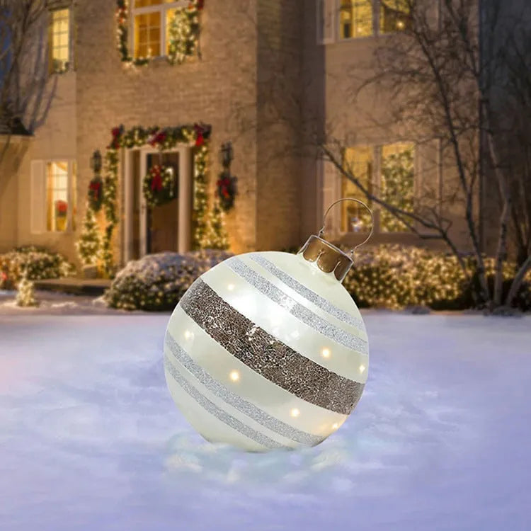 Large red and white striped inflatable PVC Christmas ball ornament with a 60cm diameter.