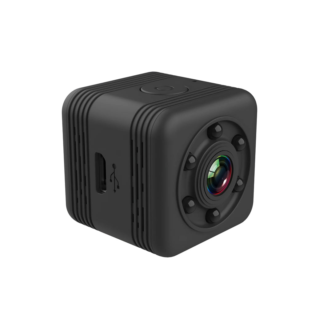 Black SQ29 waterproof sports camera showing Micro USB port and TF card slot for extended recording.