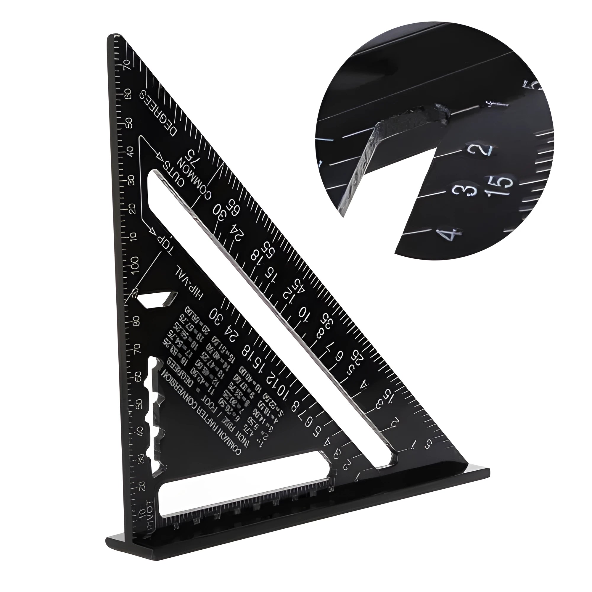 Black aluminium triangle ruler square showing 90 and 45 degree angles with measurement scales
