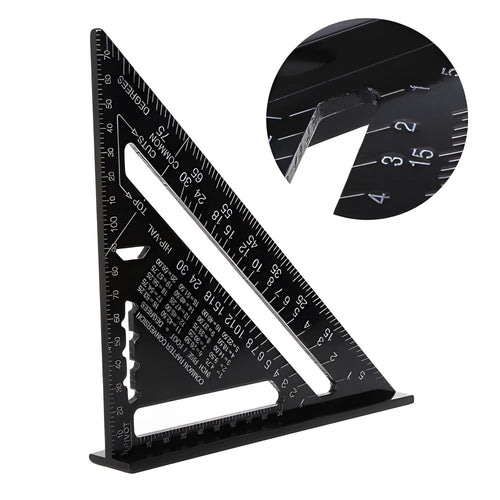 Black aluminium triangle ruler square showing 90 and 45 degree angles with measurement scales
